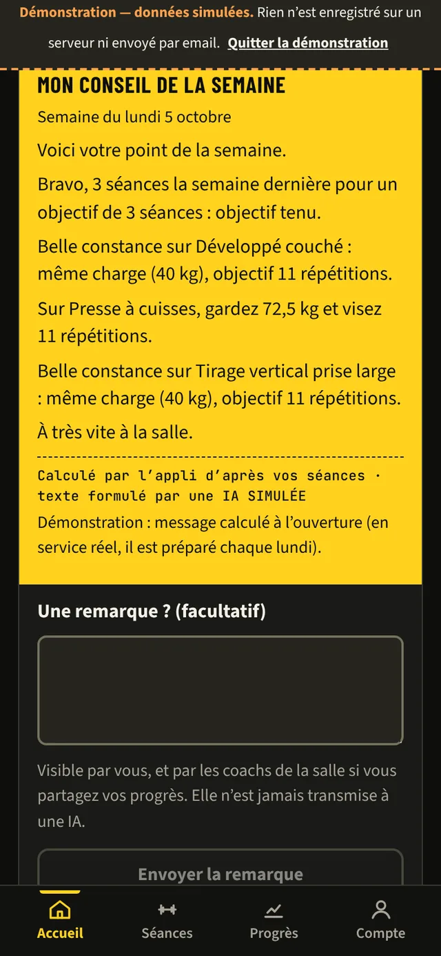 Bloc « Mon conseil de la semaine » : bilan de la semaine et objectifs par exercice, avec la mention « Calculé par l'appli d'après vos séances · texte formulé par une IA SIMULÉE ».