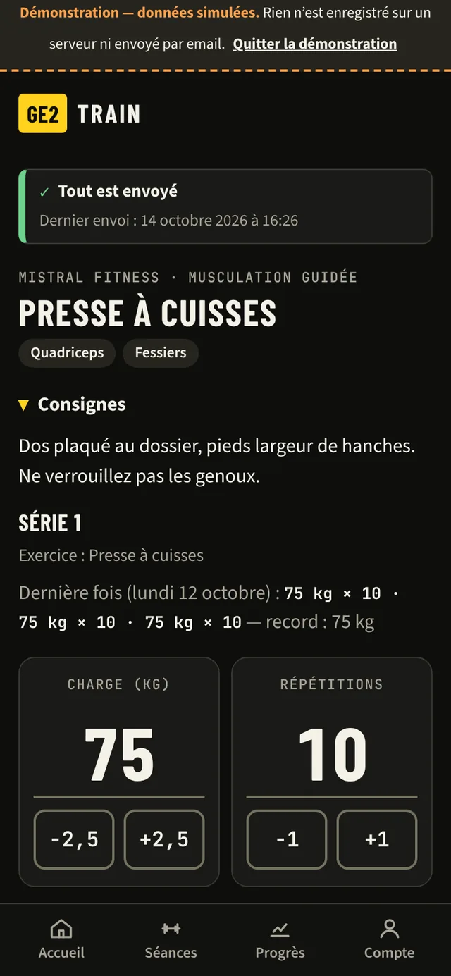 Fiche machine « Presse à cuisses » ouverte par le QR : muscles travaillés, consignes, « Dernière fois : 75 kg × 10, trois séries, record 75 kg » et pas à pas de la charge et des répétitions déjà réglés.