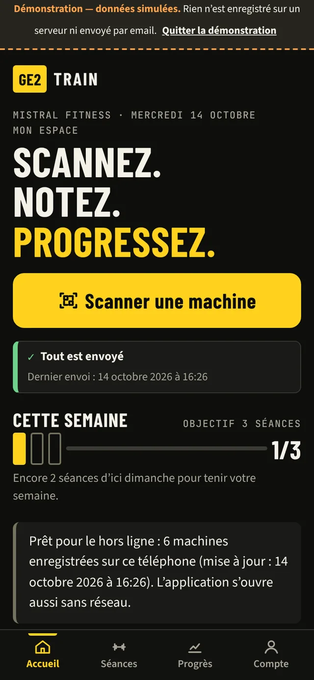 Écran « Mon espace » de l'adhérent : bouton « Scanner une machine », jauge de la semaine à 1 séance sur 3 et application prête hors ligne.