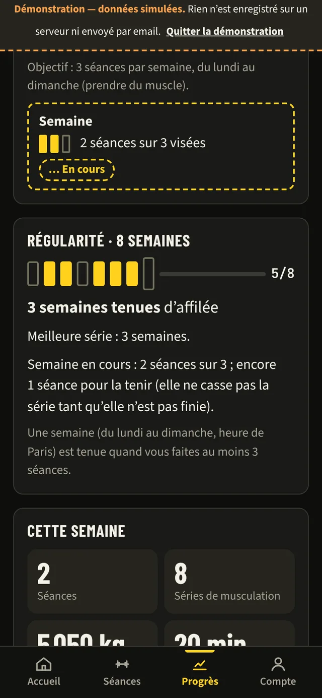 Écran « Mes progrès » : objectif de 3 séances par semaine, jauge « Régularité · 8 semaines » à 5 sur 8, « 3 semaines tenues d'affilée » et chiffres de la semaine.