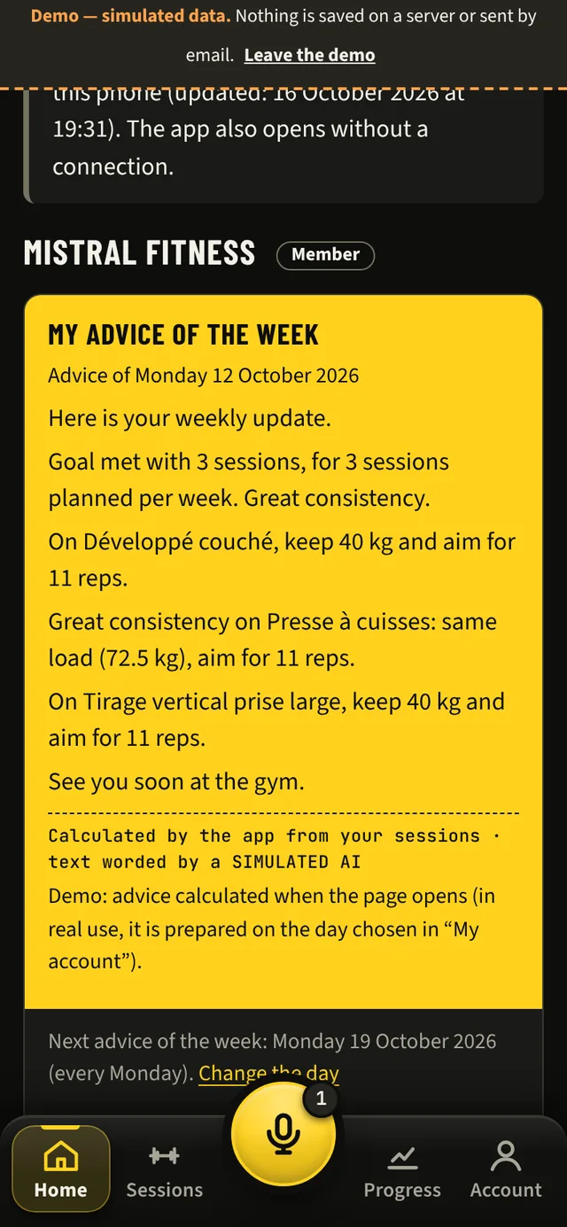 “My advice of the week” block: the week's summary and targets per exercise, “Calculated by the app from your sessions”.