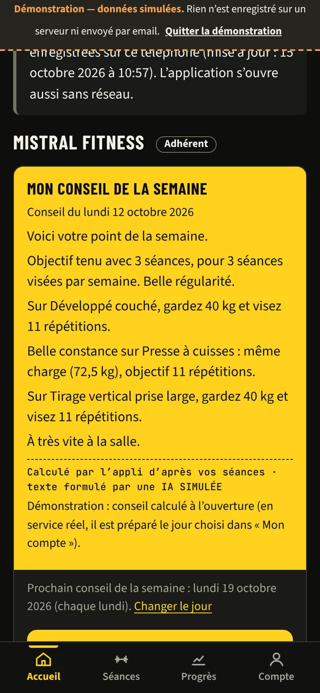 Bloc « Mon conseil de la semaine » : bilan de la semaine et objectifs par exercice.