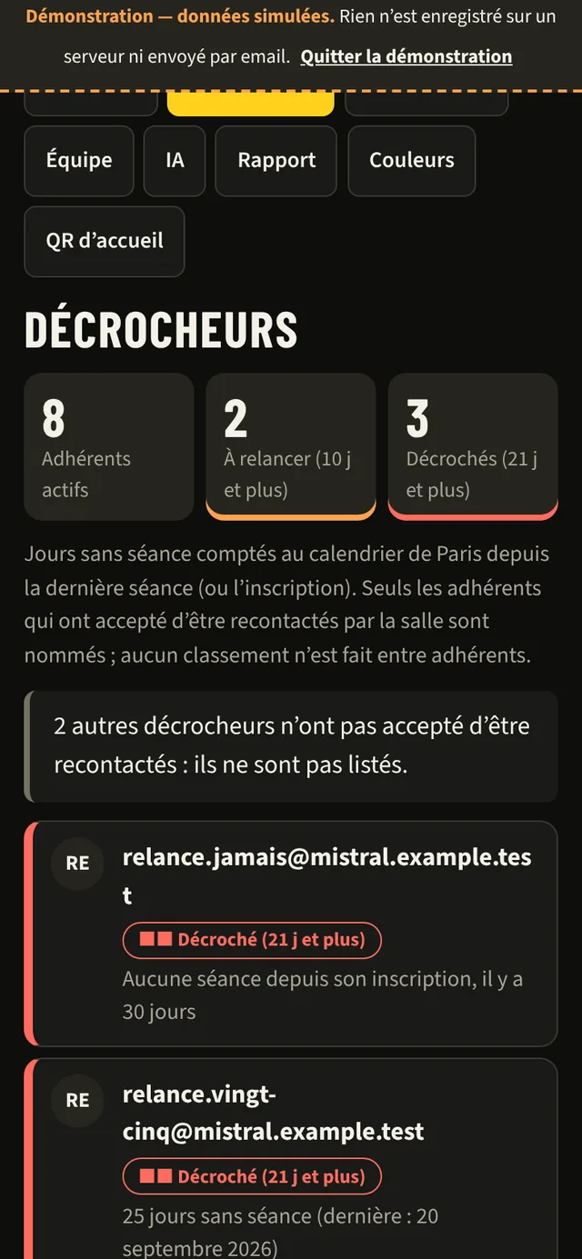 Onglet « Décrocheurs » : 8 adhérents actifs, 2 à relancer, 3 décrochés.