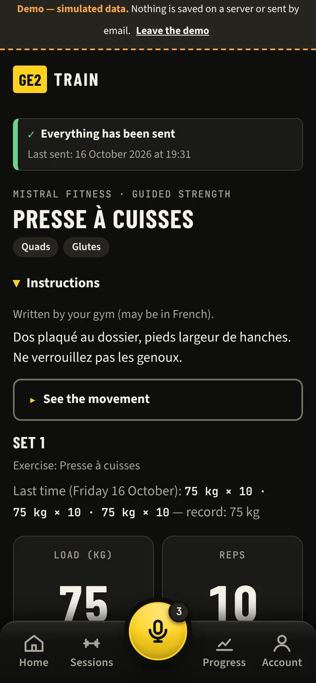 Page of the leg press machine, with its name and instructions as written by the gym (in French): muscles worked (quads, glutes), instructions, last sets and personal best.