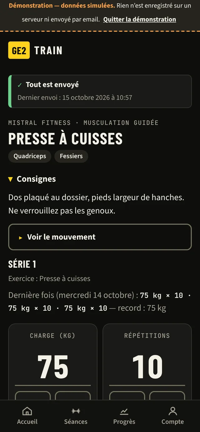 Fiche machine « Presse à cuisses » : muscles travaillés, consignes, dernières séries et record.