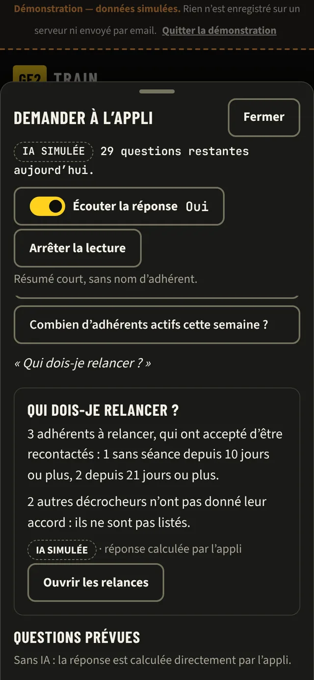 Gym owner area, “Ask the app” panel: “Listen to the answer” switched on, playback in progress; answer worked out by the app to “Who should I follow up?”: 3 members to follow up, 1 with no session for 10 days or more and 2 for 21 days or more. Screen in French.