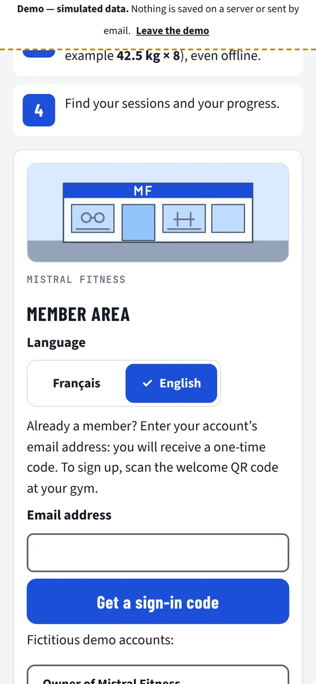 Login screen branded for a fictional club, Mistral Fitness: “MF” logo, drawn welcome image (frontage with no people), “Member area” with the choice of language (French or English, English selected), blue “Get a sign-in code” button.
