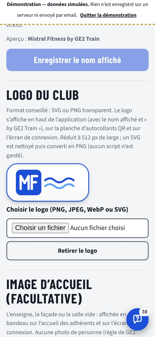 “Colours and logo” tab of the gym owner area, branded for a fictional club: “MF” logo saved, “Remove the logo” button, then the “Welcome image” section. Screen in French.