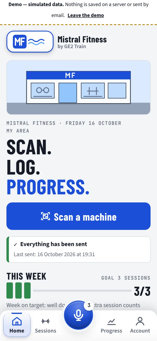 Member app in the colours of a fictional club, Mistral Fitness: “MF” logo and the name “Mistral Fitness by GE2 Train” in the header, welcome image of the gym, title and “Scan a machine” button in blue, the club's accent colour.