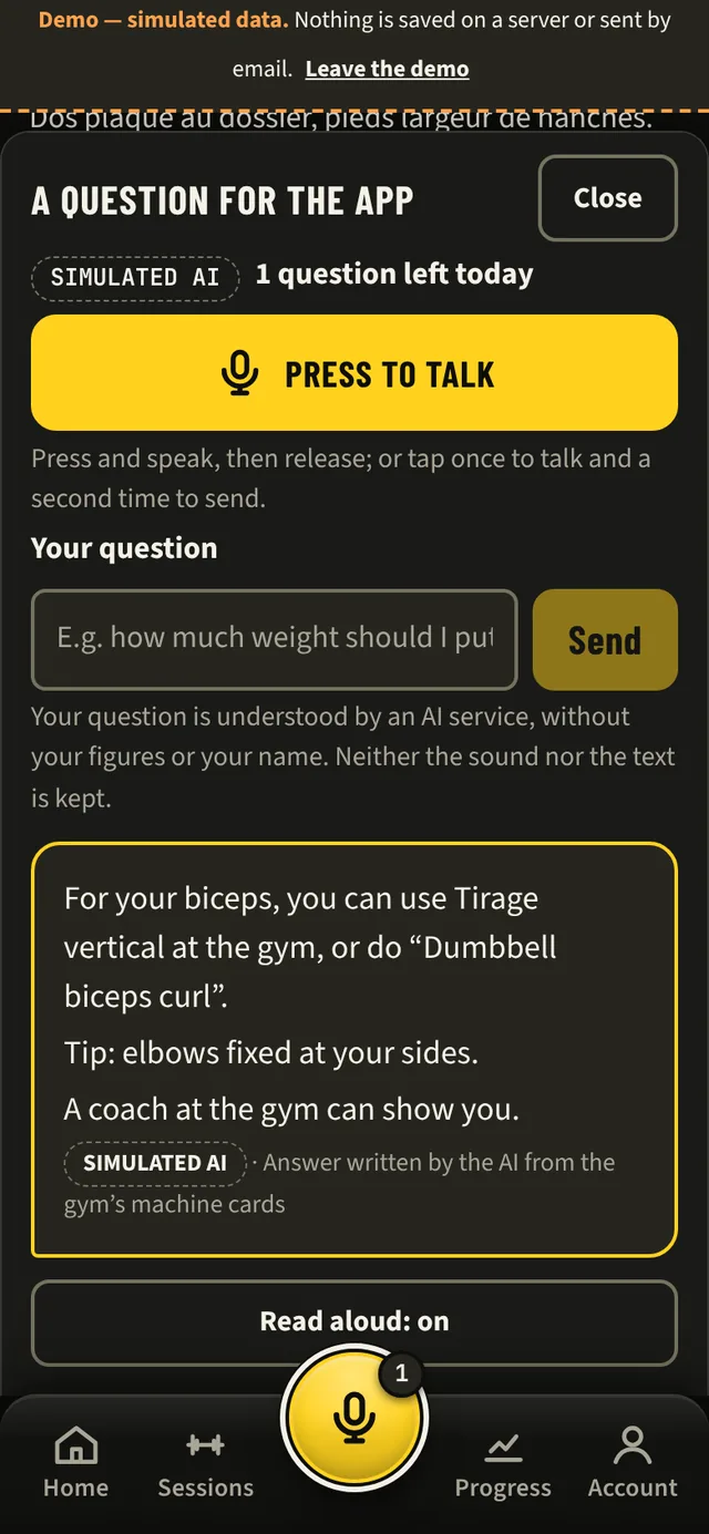 Answer to “Which exercise for biceps?”: you can use the club's lat pulldown machine (named in French by the club), or do a “Dumbbell biceps curl”; “Tip: elbows fixed at your sides. A coach at the gym can show you.”, with the note “Answer written by the AI from the gym's machine cards”.