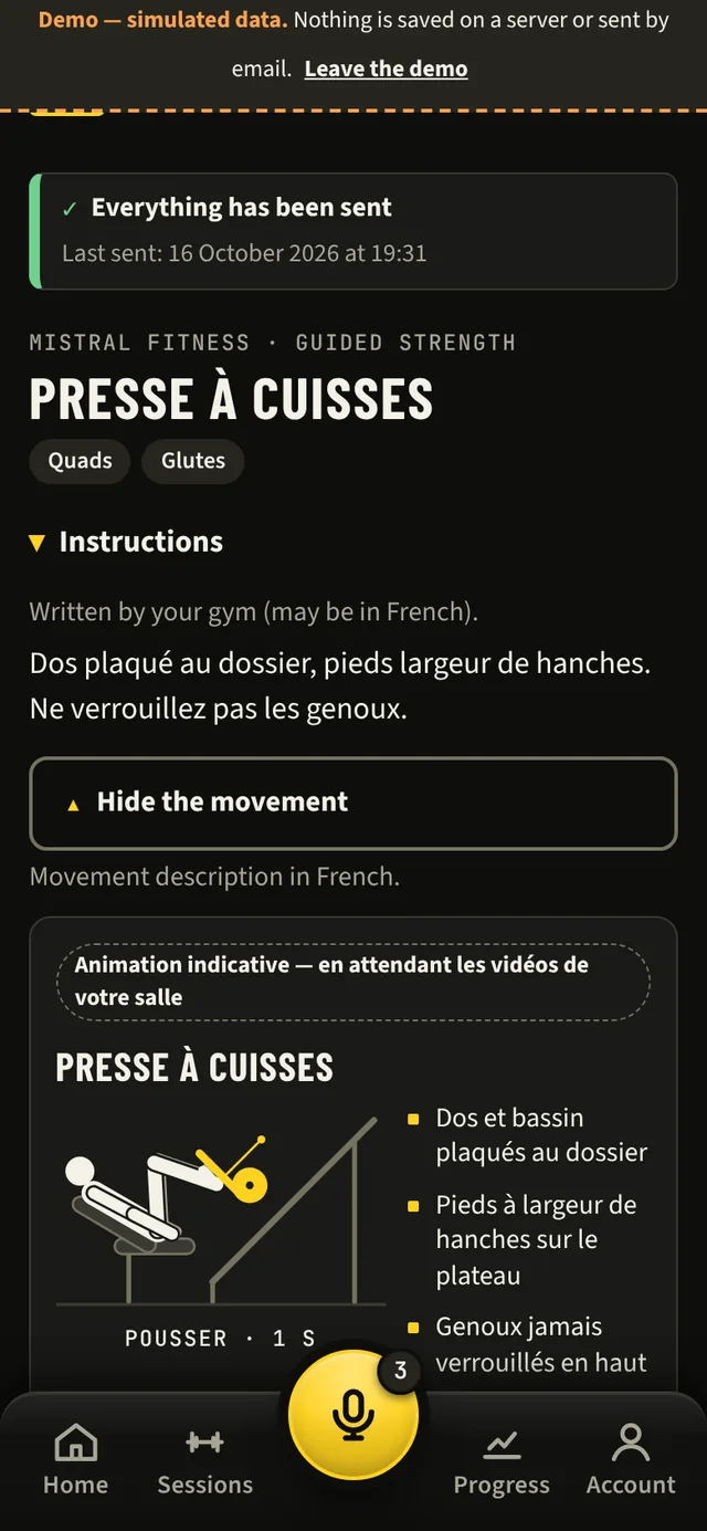 Demonstration opened on the leg press page with “Hide the movement”: drawn figure, cues and tempo; the demonstration itself is in French, as the screen says (“Movement description in French.”).