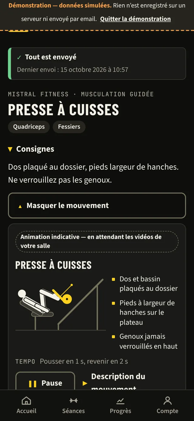 Démonstration ouverte sur la fiche « Presse à cuisses » : bandeau « Animation indicative », silhouette dessinée, repères et tempo.