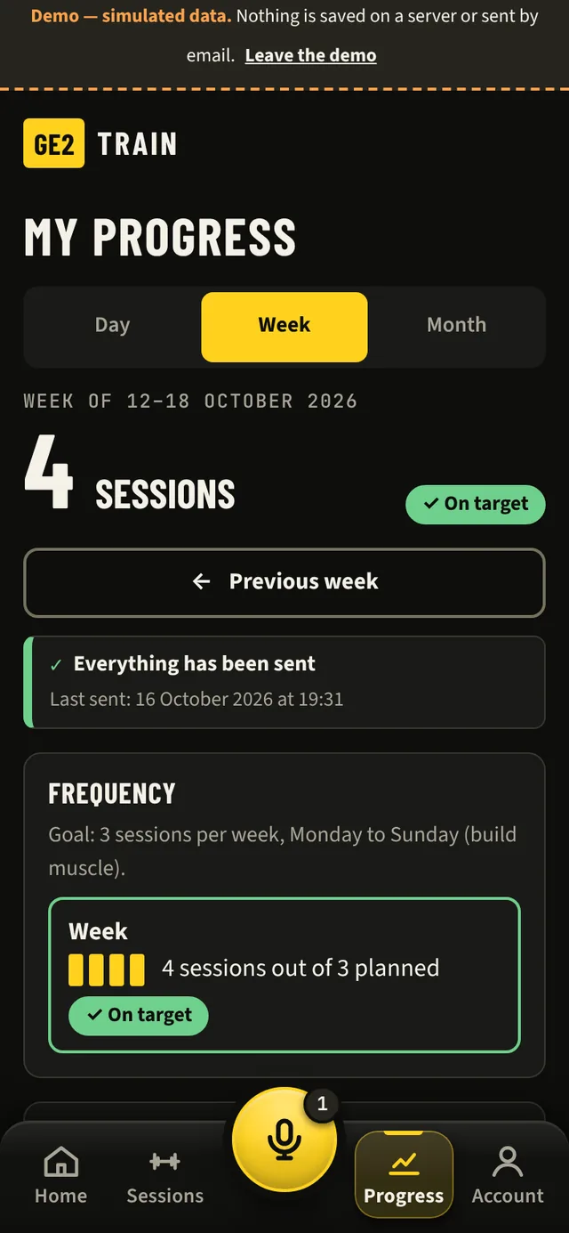 “My progress” screen, Week view: 4 sessions, “On target”, the week's figures.