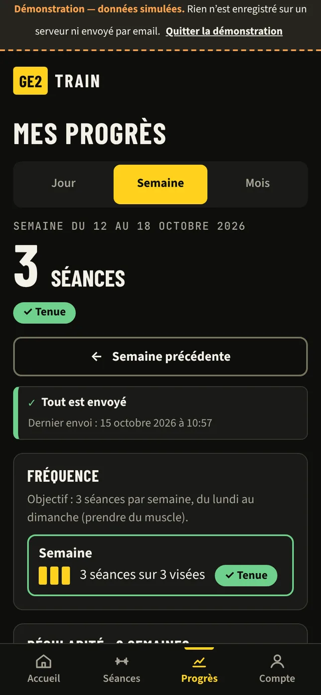 Écran « Mes progrès », vue Semaine : 3 séances, objectif tenu, chiffres de la semaine.