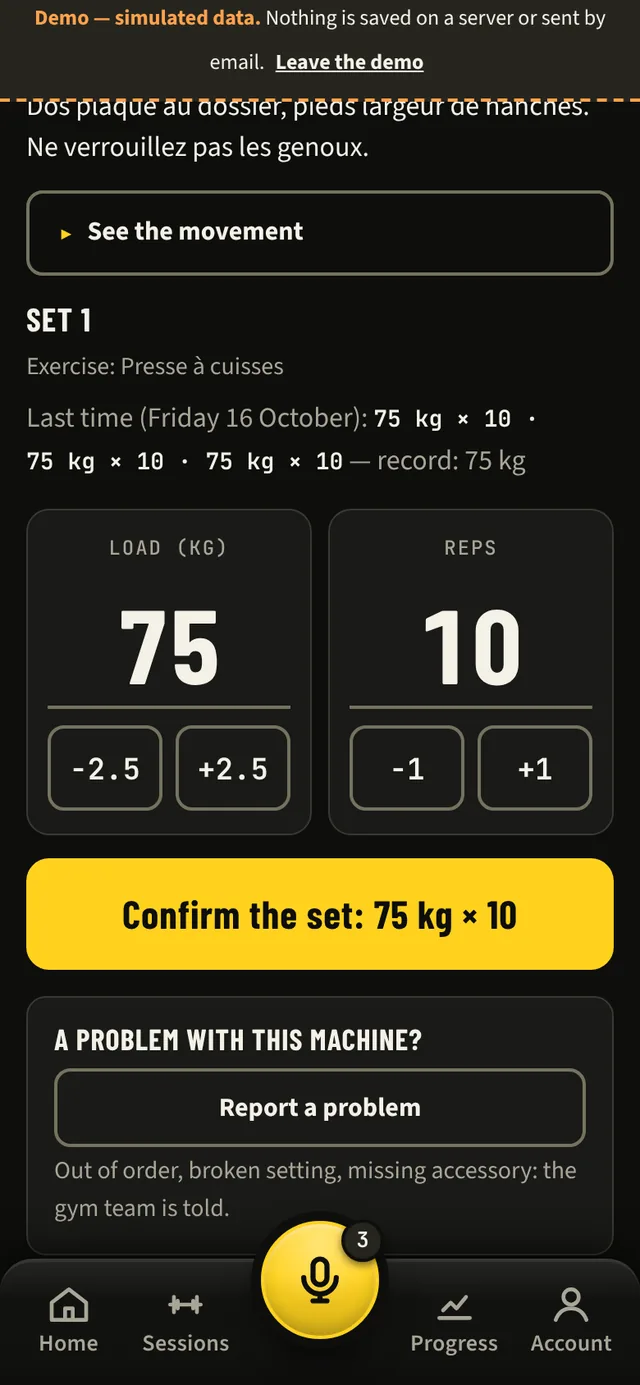 Load 75 kg and 10 reps with plus and minus buttons, and the “Confirm the set: 75 kg × 10” button above the bottom bar.