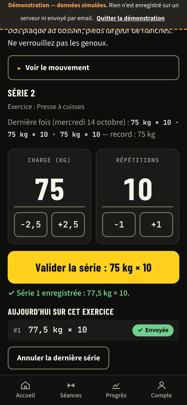 Charge 75 kg et 10 répétitions avec boutons plus et moins, et le bouton « Valider la série ».