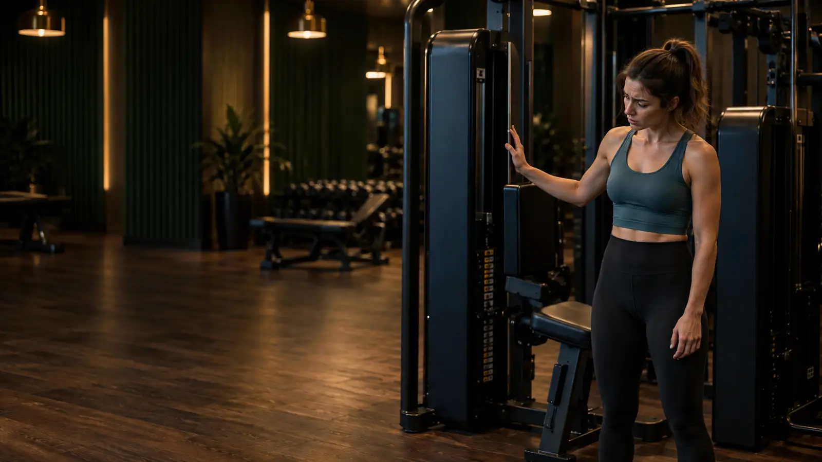 Léa, a member, standing next to a machine in the gym, looking unsure.