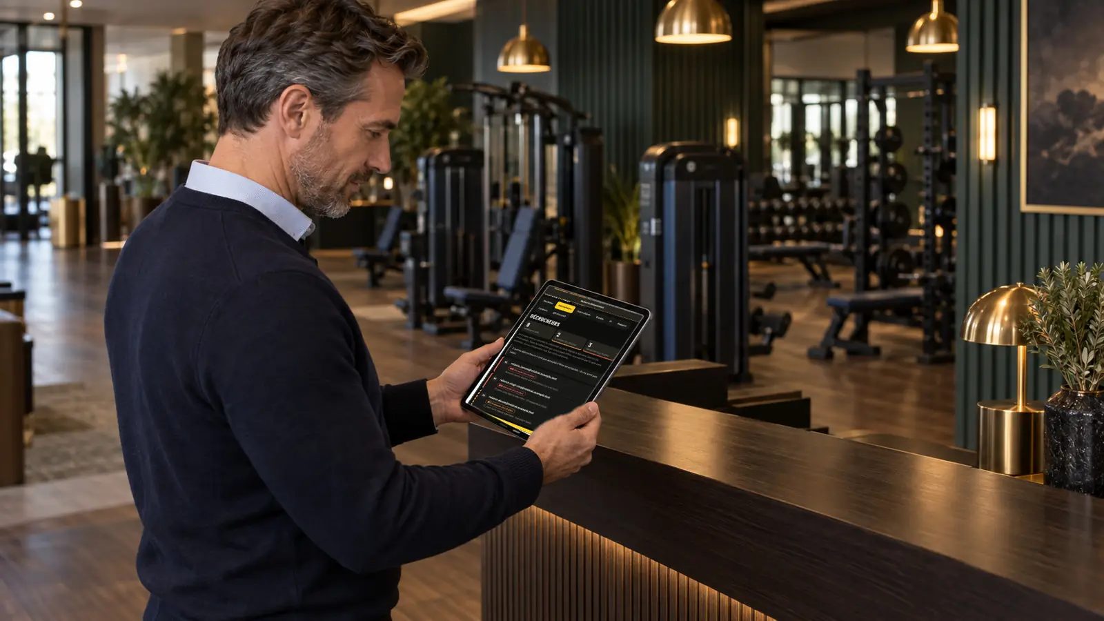 Au comptoir de l'accueil, le gérant consulte la liste des décrocheurs sur une tablette.