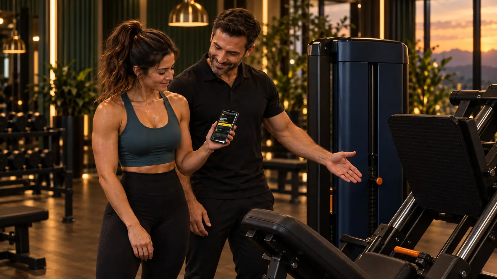 Un coach de la salle montre la presse à cuisses à Léa, qui tient son téléphone ouvert sur l'application.