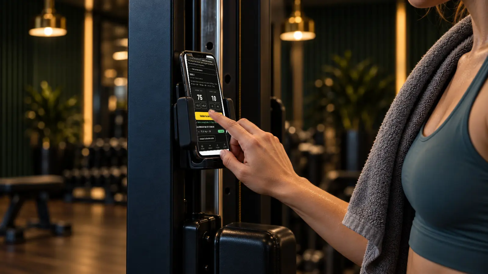 Gros plan : le doigt de Léa touche le bouton « Valider la série » sur son téléphone posé dans un support de la machine.