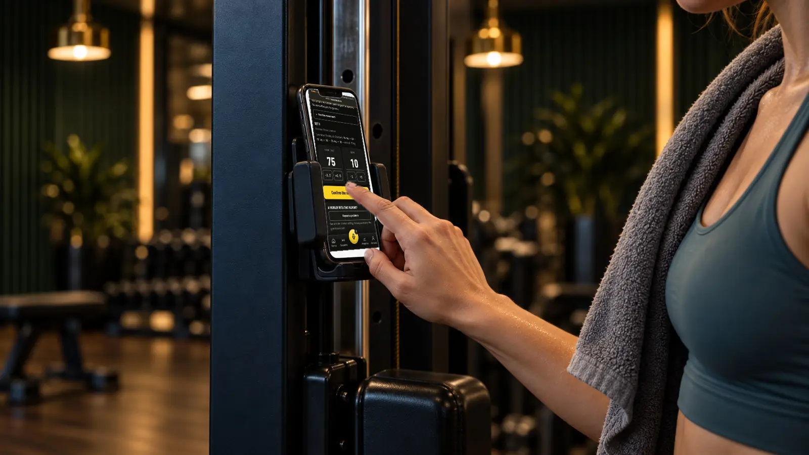 Close-up: Léa's finger taps the button to log her set on her phone, held in a mount on the machine.